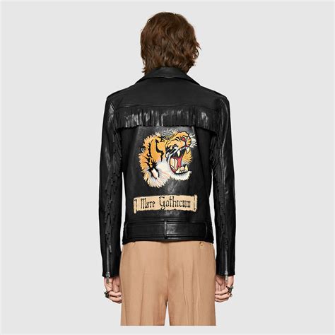 gucci men's black leather jacket logo|gucci tiger leather jacket.